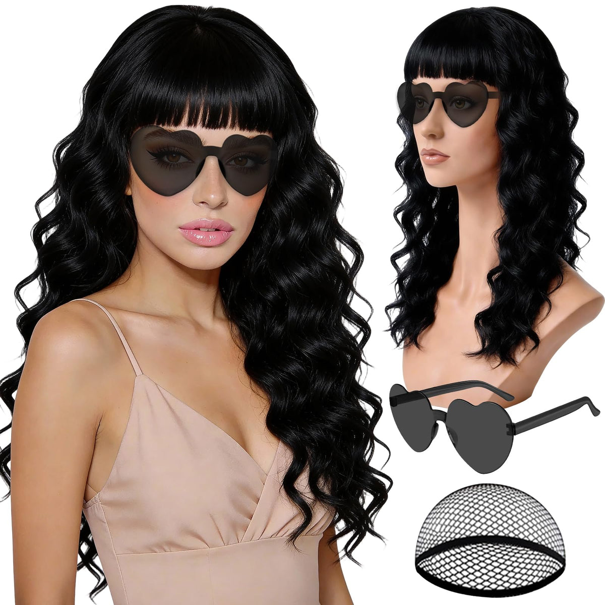 Purple Wig for Women Long Wavy Hair with Heart Sunglasses, Colorful Curly Wigs with Bangs for Birthday Nightclubs Music Festival Photography Funny Bachelorette Mardi Gras Party Supplies