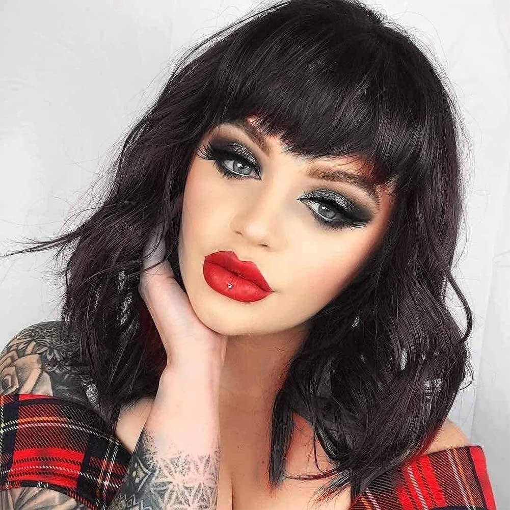 Black Mixed Brown Wig for Black Women Short Wavy Curly Bob Wig with Bangs