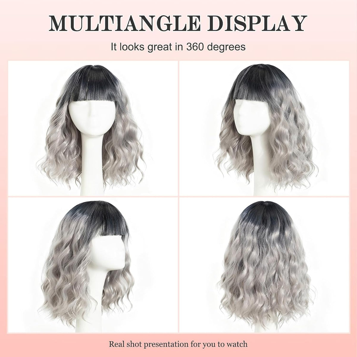 Short Black-grey Wavy Wig with Bangs for Women Halloween Curly Bob Wigs