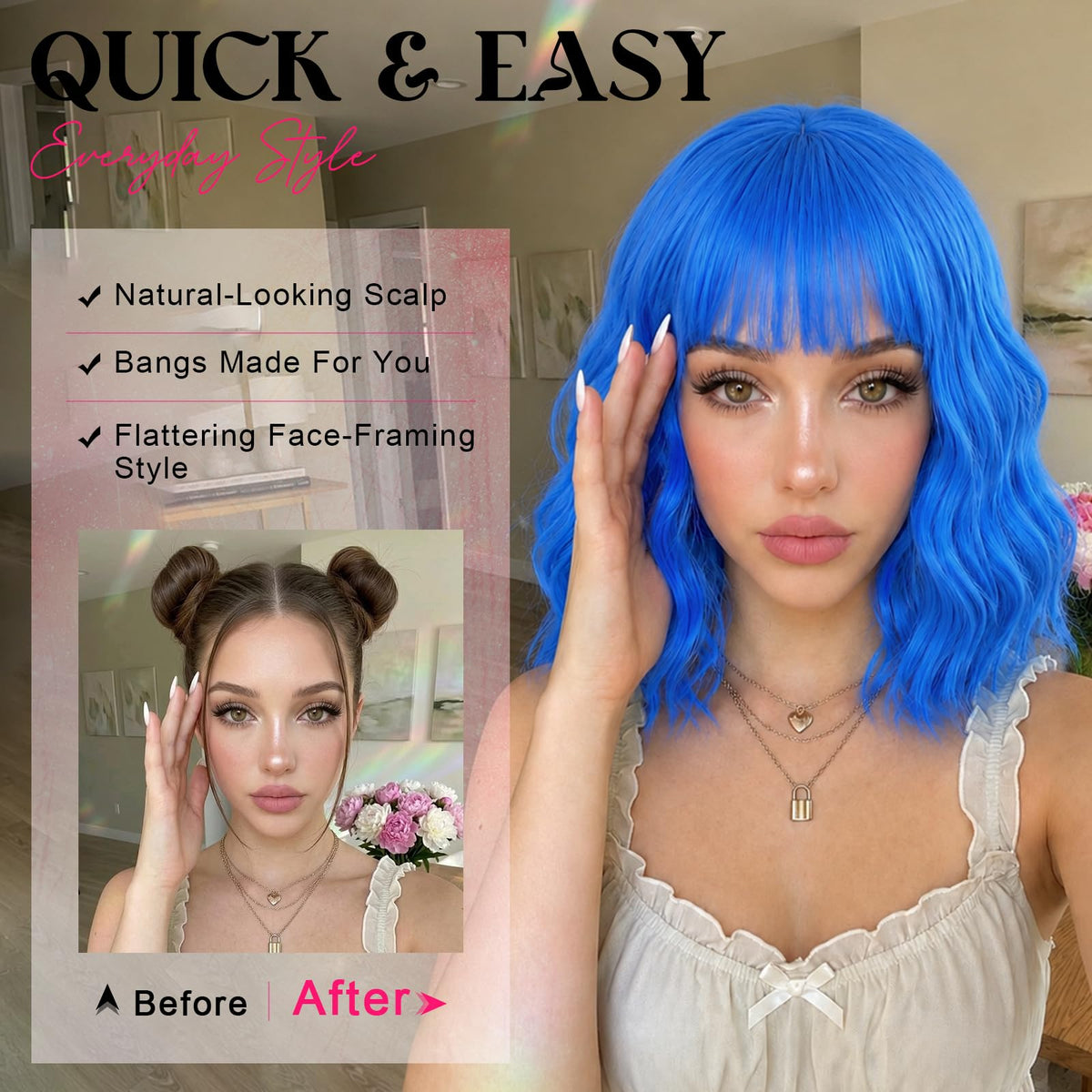 NOSTALGIA Wigs for Women, Short Wavy Bob Wig with Bangs, Trimmable Bangs, Shoulder Length, Black To Brown Heat Resistant Synthetic Wig for Daily Party Use, 14 Inch