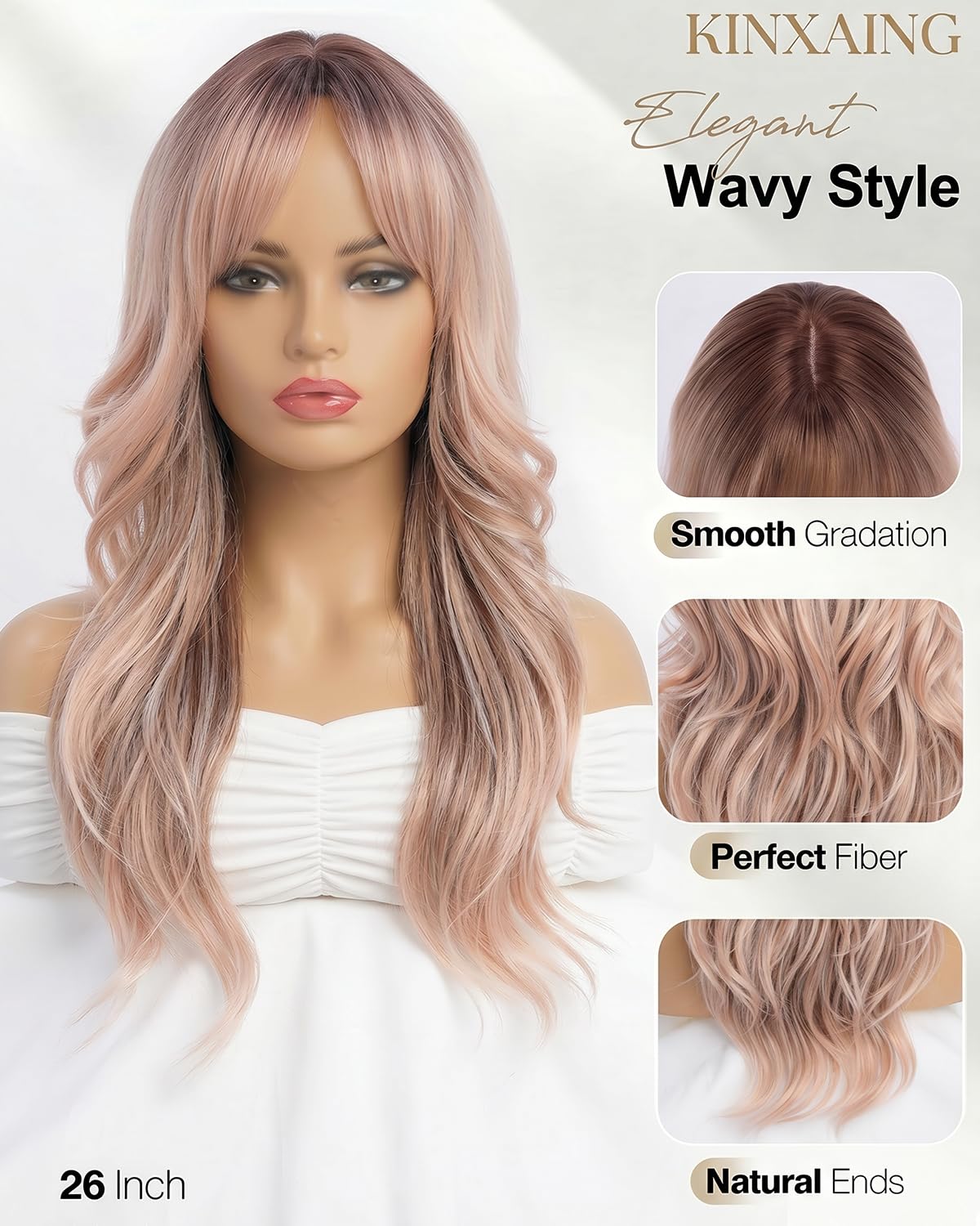 Ombre Pink Wavy Wig with Curtain Bangs 26 Inch – Long Layered Synthetic Hair Wig for Women, Natural Looking Dark Root Heat Resistant Wig, Soft Thick Full Wig for Daily Wear Party Cosplay