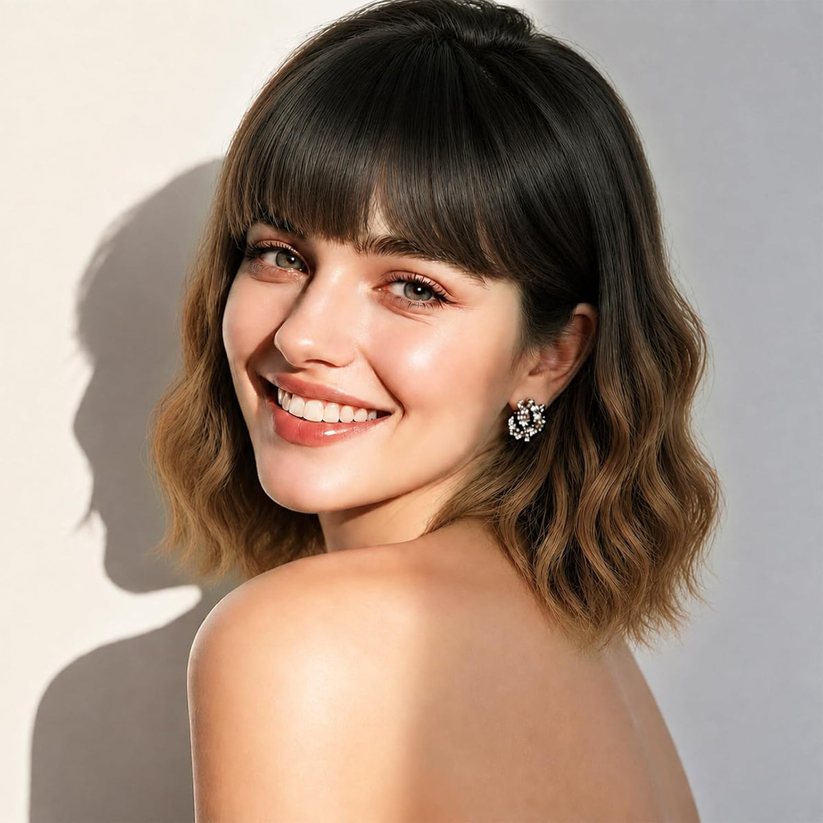 NOSTALGIA Wigs for Women, Short Wavy Bob Wig with Bangs, Trimmable Bangs, Shoulder Length, Black To Brown Heat Resistant Synthetic Wig for Daily Party Use, 14 Inch