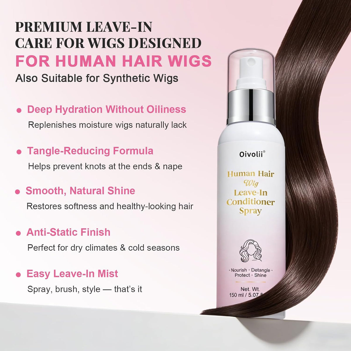 Wig Spray for Human Hair & Synthetic Wigs, Leave-In Conditioner & Detangler