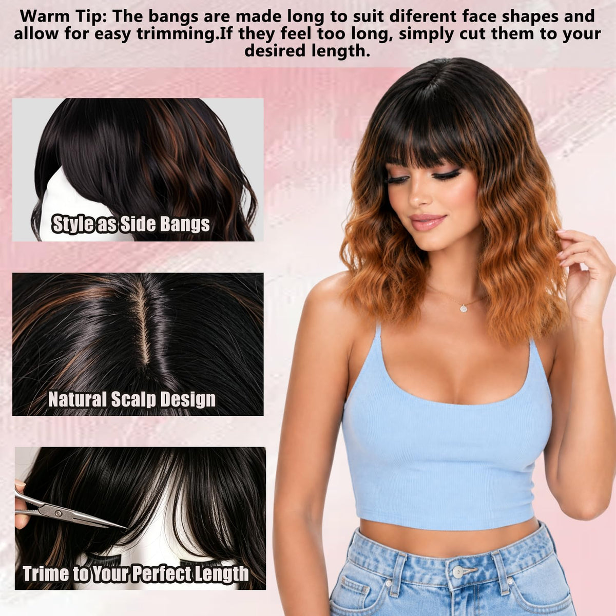 Short Wavy Wig with Bangs Black Mixed Brown Bob Curly Wigs for Women 14inch