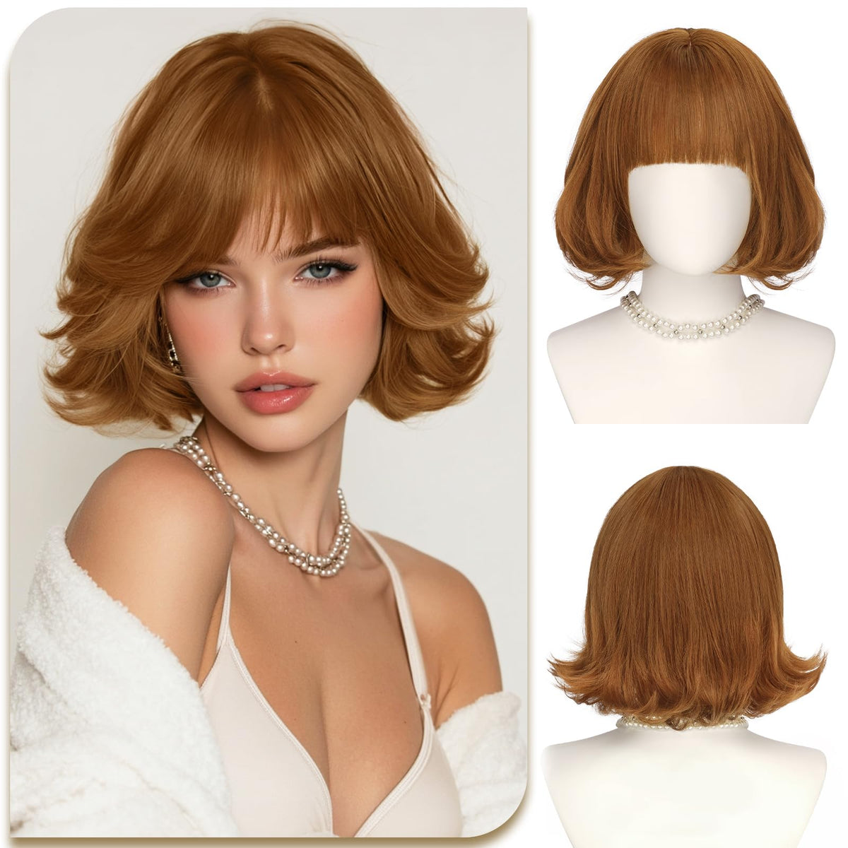 SOFEIYAN Short Wavy Violet Blue Wig - 12 Inch Dark Ginger Bob Wig with Bangs for Women Curly Shoulder Length Bob Wig with Bangs Soft Synthetic Hair Wigs for Girls Daily Party Use