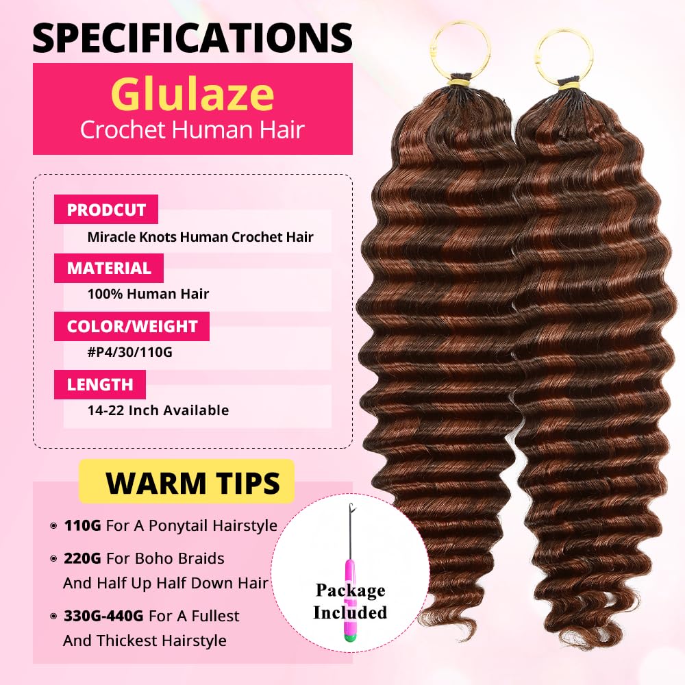16 Inch Deep Wave Knotless Feather Crochet Human Hair #27 110g