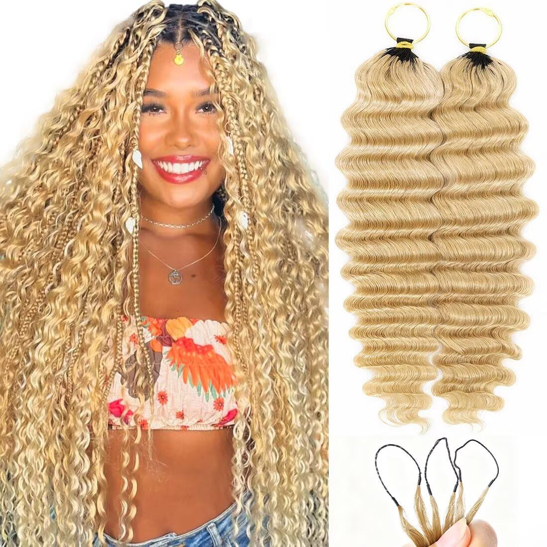 16 Inch Deep Wave Knotless Feather Crochet Human Hair #27 110g