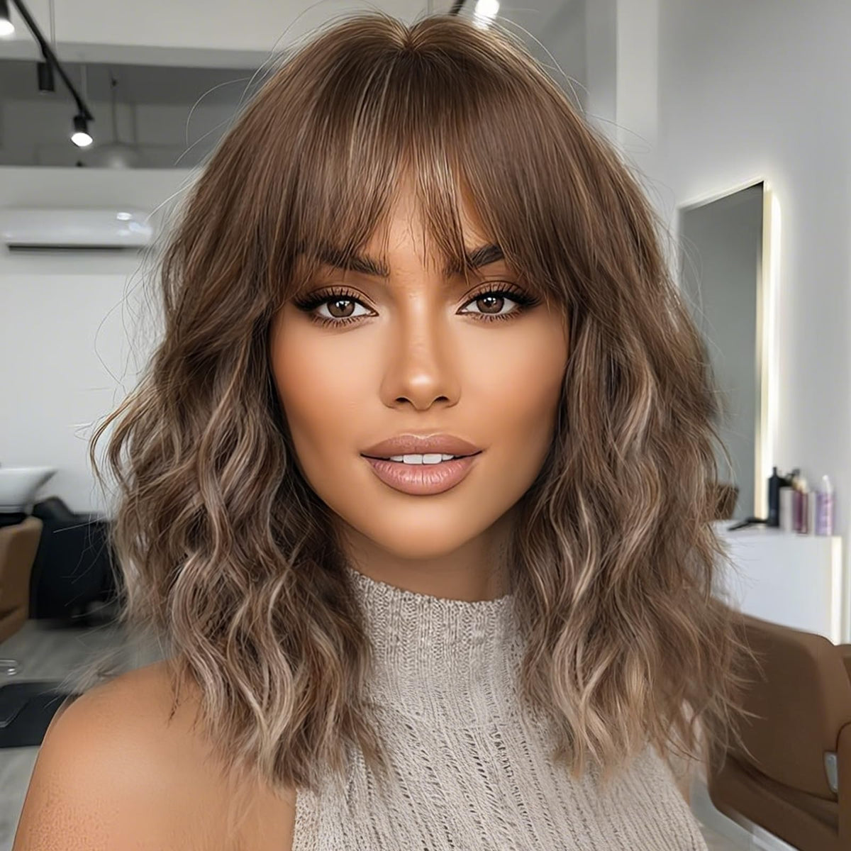 Nnzes Short Wavy Bob Wig with Bangs for Women Shoulder Length Curly Dark Brown with Purple Synthetic Heat-Resistant Fiber Hair for Daily & Party Use