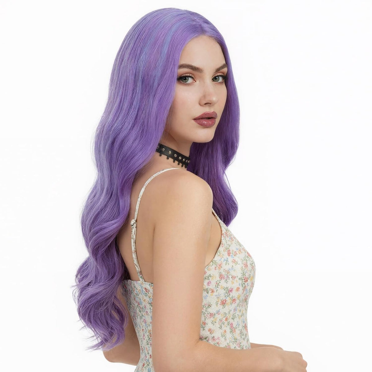 Long Pastel Wigs for Women Heat Resistant Hair Natural Wigs for Daily Cosplay Costume Party Carnival Purple-pink Gradient with Blue Highlights