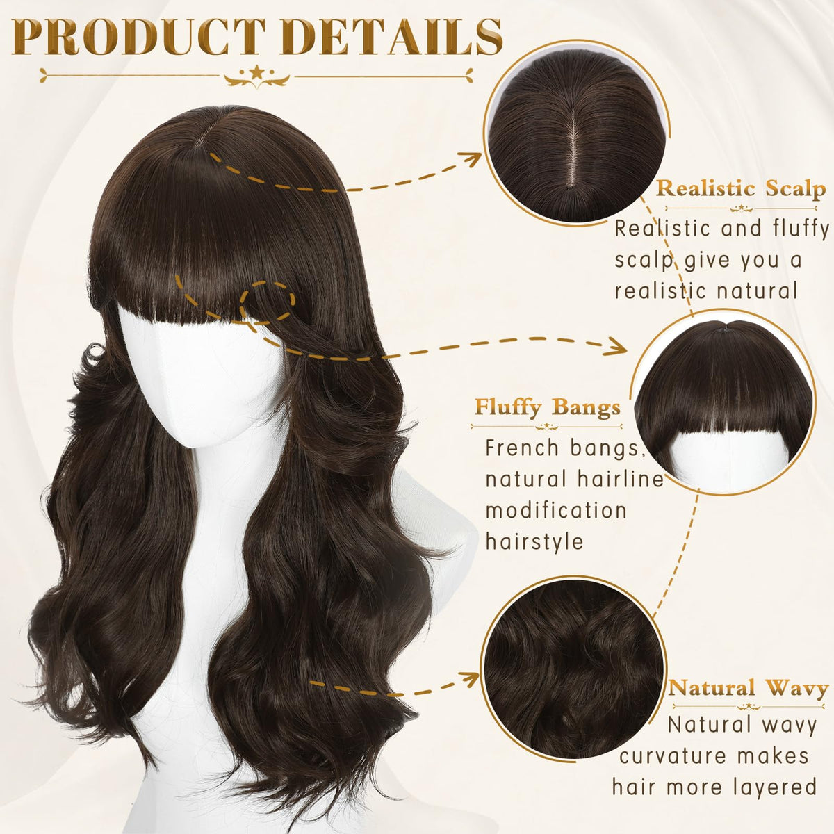 Rooted Honey Wig with Bangs for Women 24 Inch Long Wavy Synthetic Hair