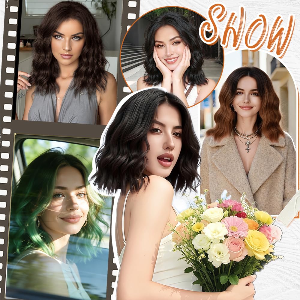 Short Wavy Wig with Bangs Black Mixed Brown Bob Curly Wigs for Women 14inch
