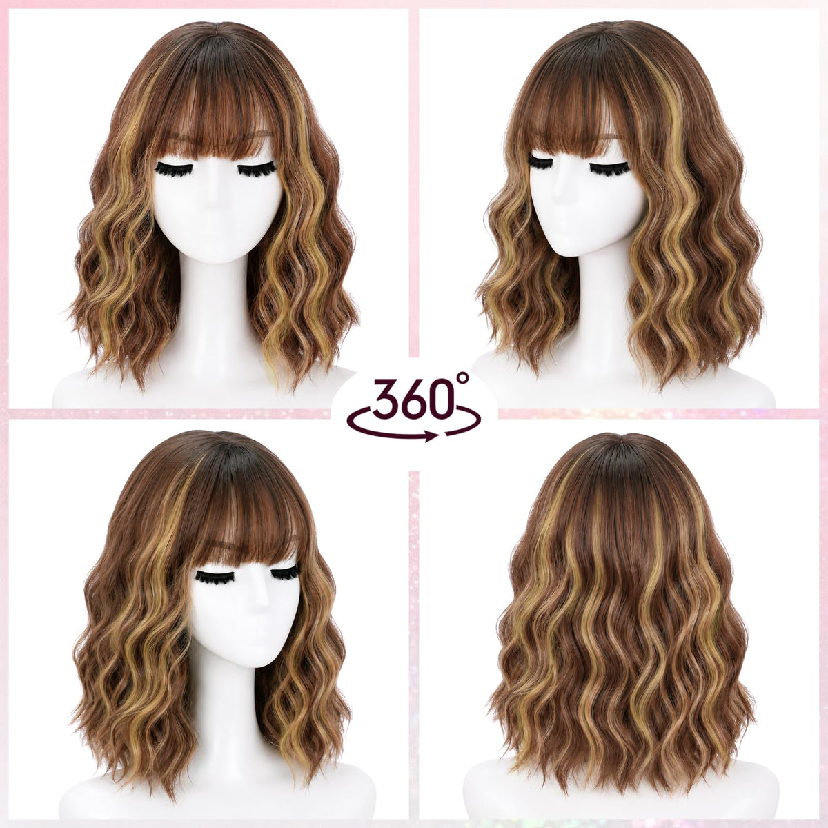 NOSTALGIA Wigs for Women, Short Wavy Bob Wig with Bangs, Trimmable Bangs, Shoulder Length, Black To Brown Heat Resistant Synthetic Wig for Daily Party Use, 14 Inch