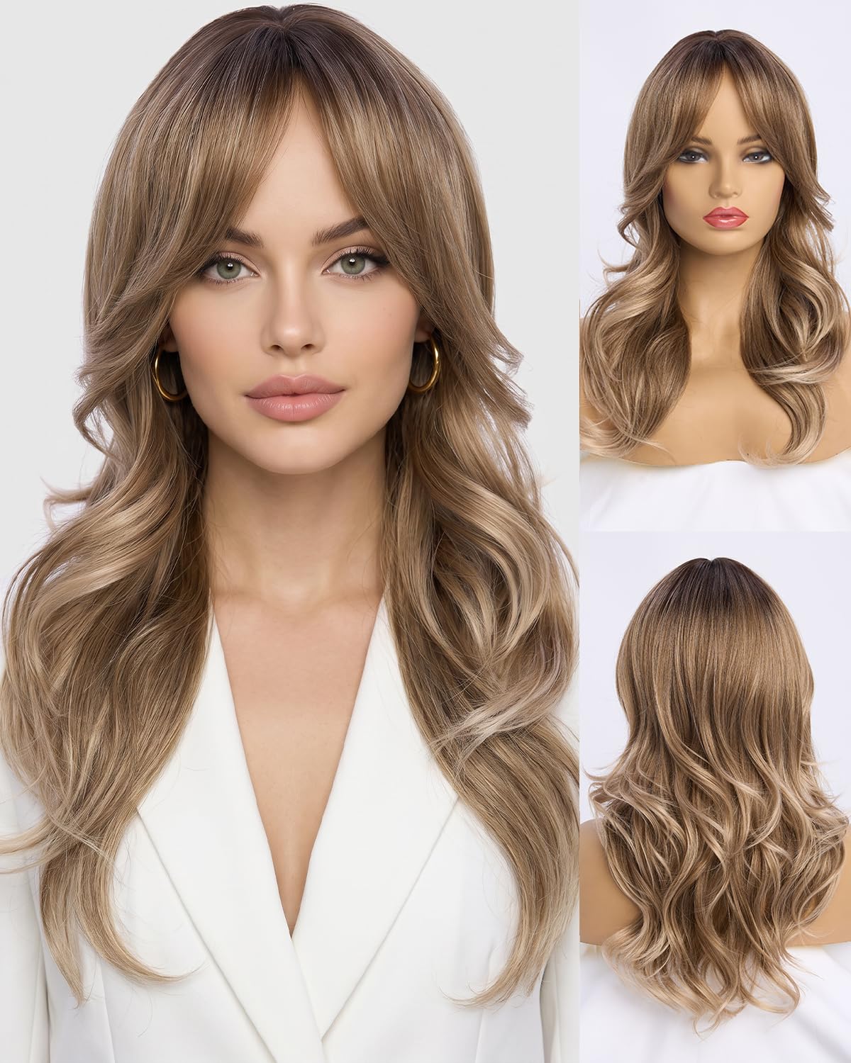 Ombre Pink Wavy Wig with Curtain Bangs 26 Inch – Long Layered Synthetic Hair Wig for Women, Natural Looking Dark Root Heat Resistant Wig, Soft Thick Full Wig for Daily Wear Party Cosplay