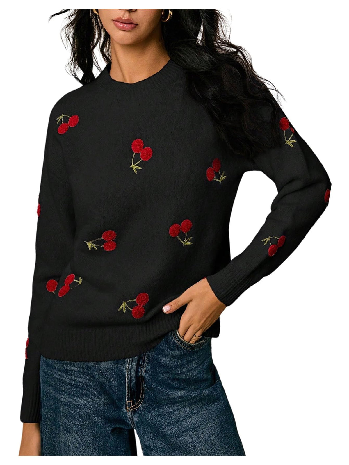 MakeMeChic Women's Cherry Embroidery Sweater Pullovers