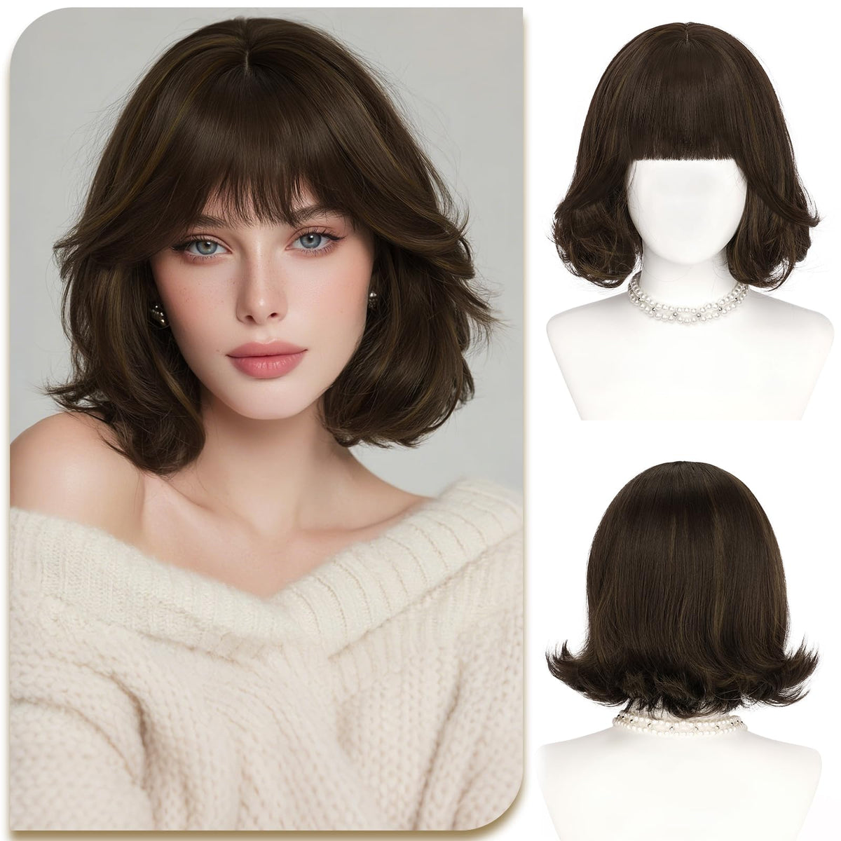 SOFEIYAN Short Wavy Violet Blue Wig - 12 Inch Dark Ginger Bob Wig with Bangs for Women Curly Shoulder Length Bob Wig with Bangs Soft Synthetic Hair Wigs for Girls Daily Party Use