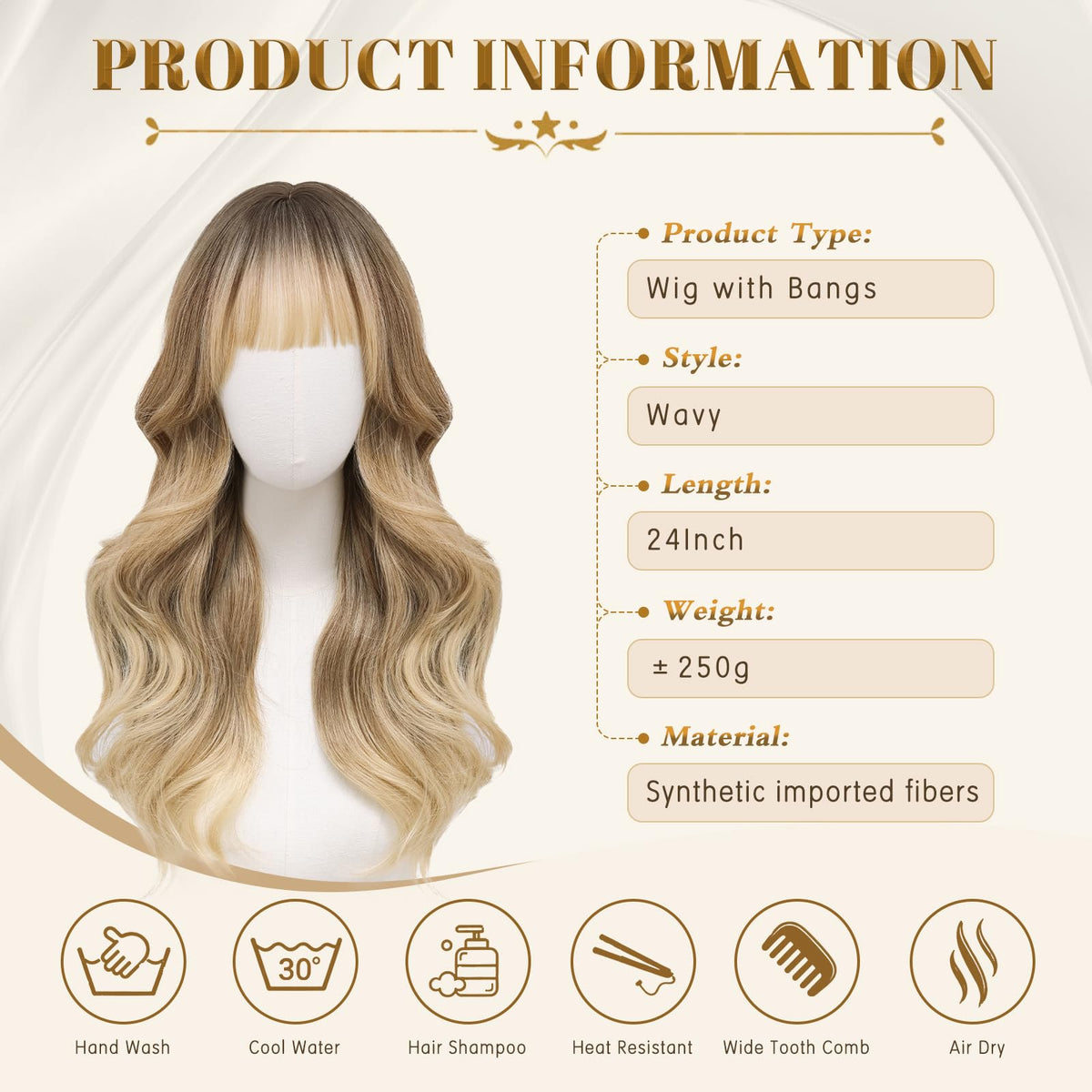 Rooted Honey Wig with Bangs for Women 24 Inch Long Wavy Synthetic Hair