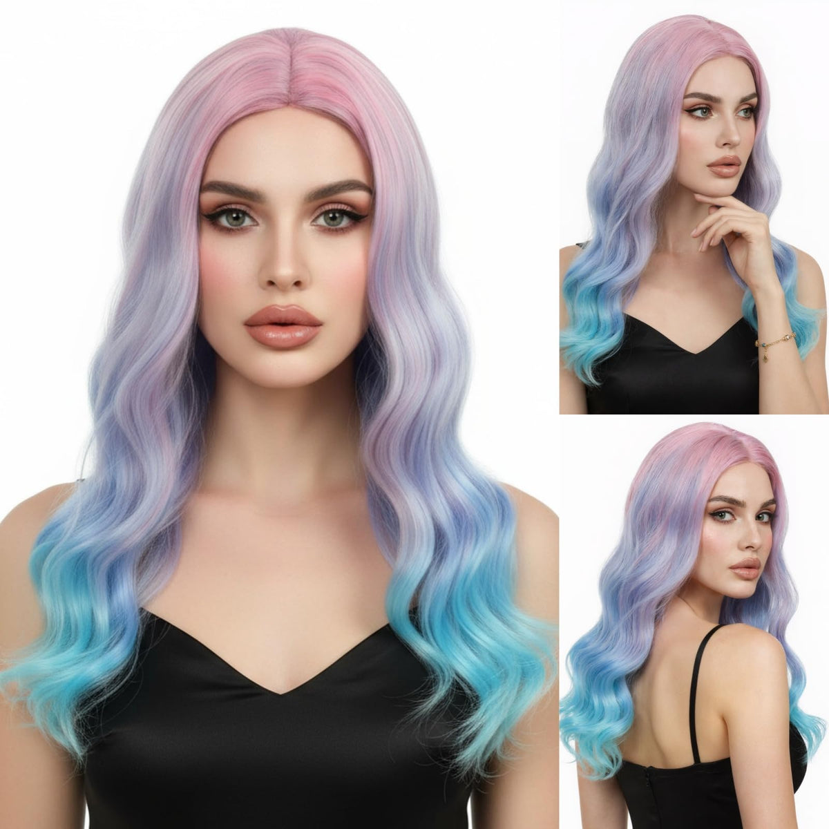 Long Pastel Wigs for Women Heat Resistant Hair Natural Wigs for Daily Cosplay Costume Party Carnival Purple-pink Gradient with Blue Highlights
