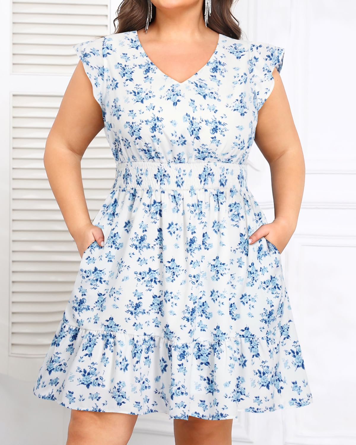 Talisea Womens Plus Size V Neck Ruffle Sleeve Flowy Summer Dress