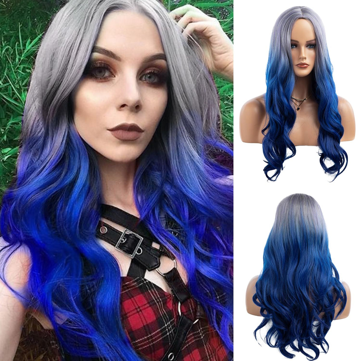 Long Curly Wavy Silver Grey to Purple Wig Side Part Natural Looking Synthetic Cosplay Wig for Women