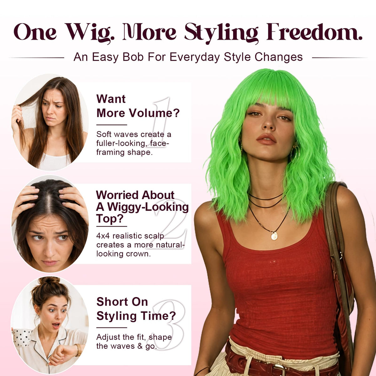 NOSTALGIA Wigs for Women, Short Wavy Bob Wig with Bangs, Trimmable Bangs, Shoulder Length, Black To Brown Heat Resistant Synthetic Wig for Daily Party Use, 14 Inch