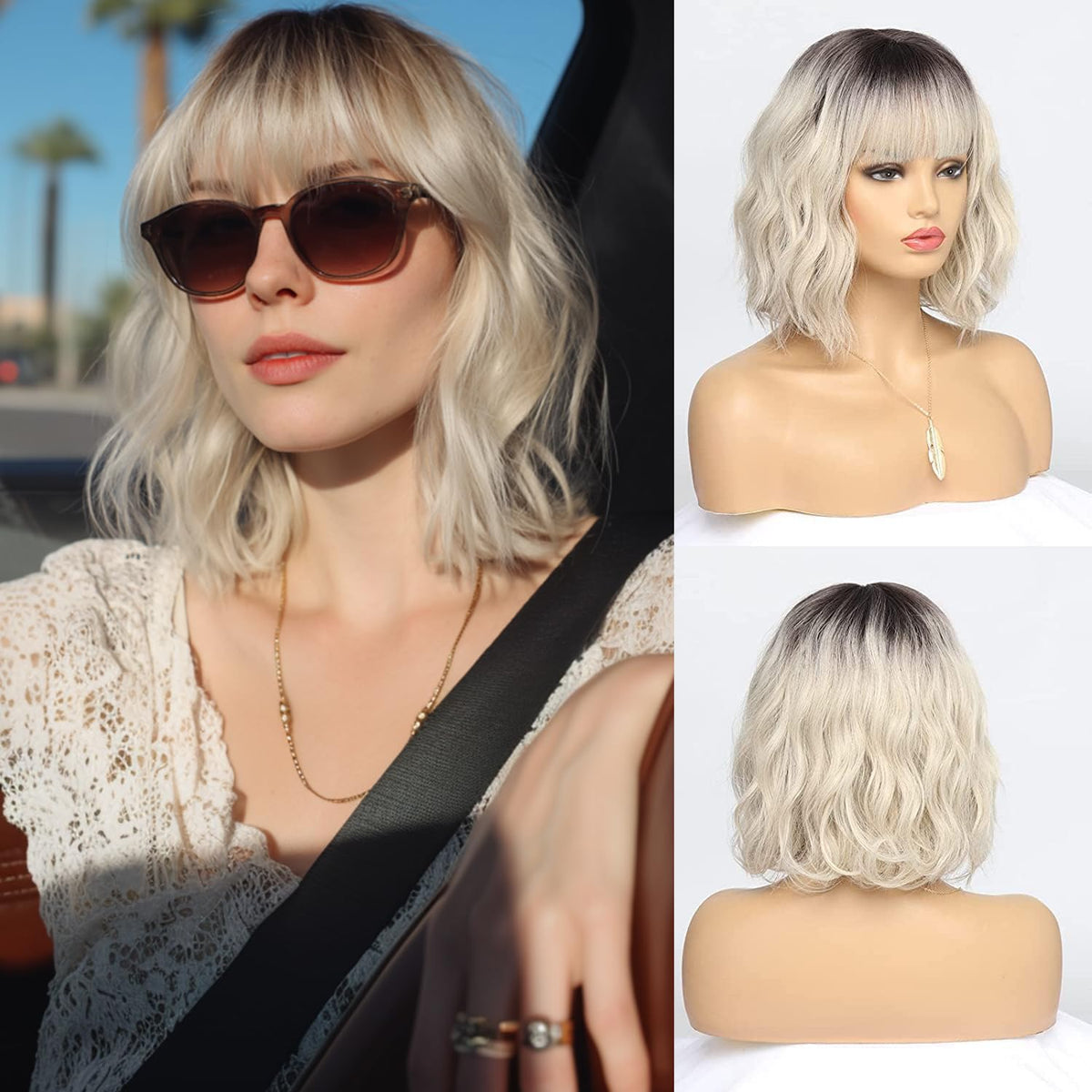 White Silver Wigs for Women Ombre Grey Wavy Bob Short Wigs with Bangs Medium Length Synthetic Hair Water Wave Dark Roots Wig Gray Colorful Wigs（14 Inches）