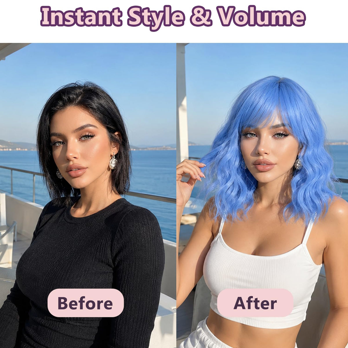 Short Wavy Wig with Bangs Black Mixed Brown Bob Curly Wigs for Women 14inch