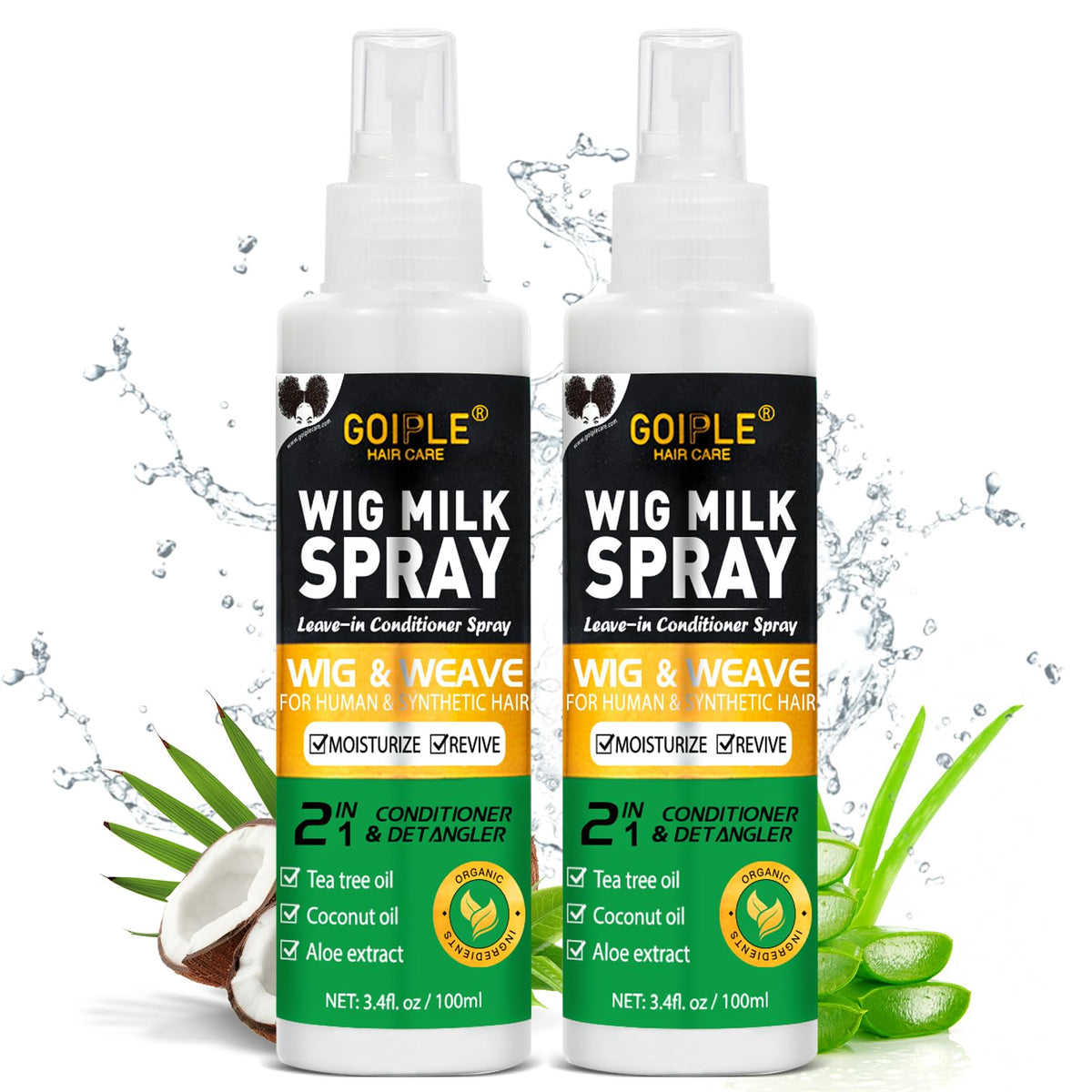 Goiple 2PCS Synthetic Wig Milk Spray, Heat Thermal Leave-In Conditioner Wig Detangler Spray for Human Wigs, Conditioner ＆ Detangler 3 in 1 Moisturizer, Synthetic Hair Wigs Easy Combing