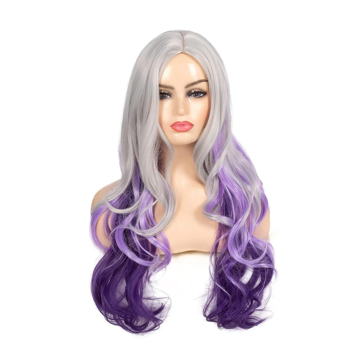 Long Curly Wavy Silver Grey to Purple Wig Side Part Natural Looking Synthetic Cosplay Wig for Women