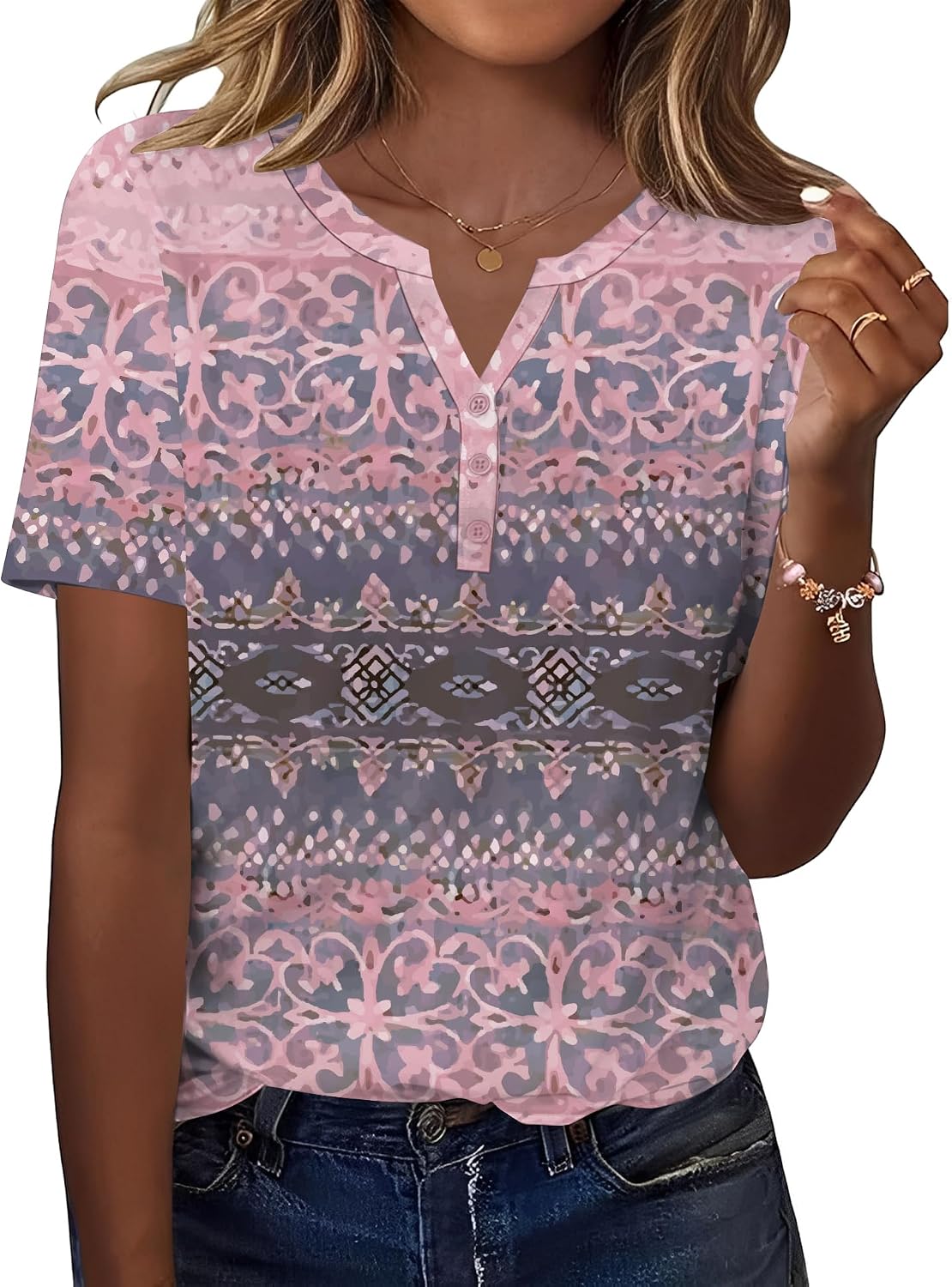 TCOT Women's Tops Dressy Casual Summer Blouses Short Sleeve Button V Neck Spring Tee Shirts