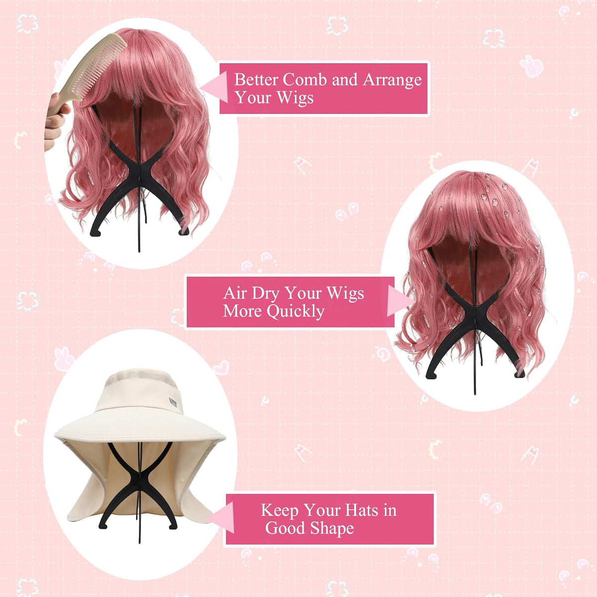 Portable Wig Stand Holder for Multiple Wigs, Black 2 Pack