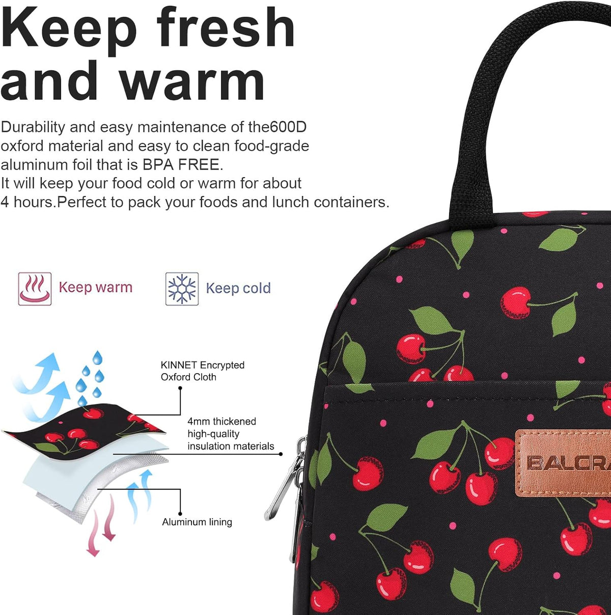 BALORAY Lunch Bag for Women Men Adult Lunch Box (Cherry), M