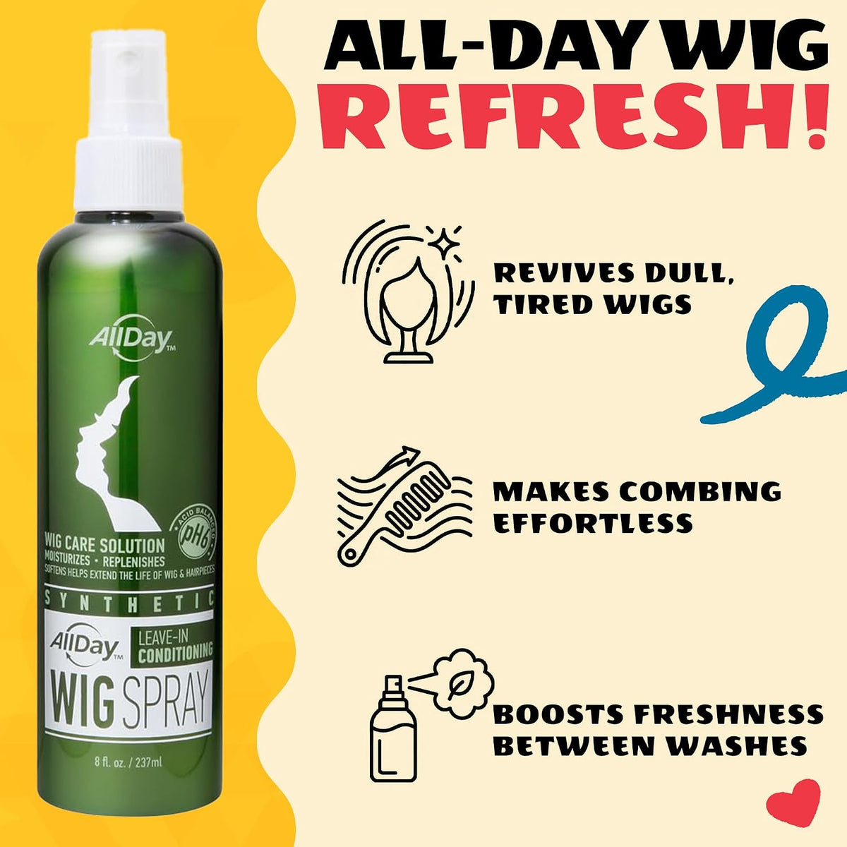 AllDay Locks Synthetic Wig Spray, Nourishes, Softens Fibers, 8 Oz Bottle