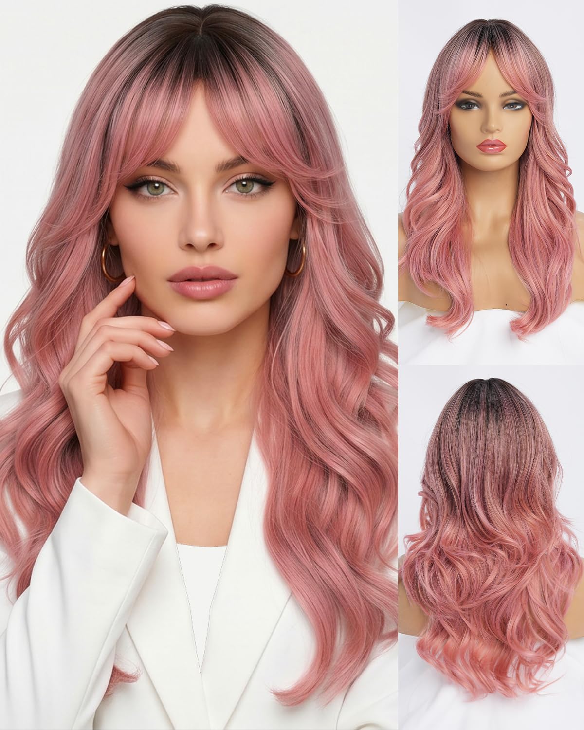 Ombre Pink Wavy Wig with Curtain Bangs 26 Inch – Long Layered Synthetic Hair Wig for Women, Natural Looking Dark Root Heat Resistant Wig, Soft Thick Full Wig for Daily Wear Party Cosplay