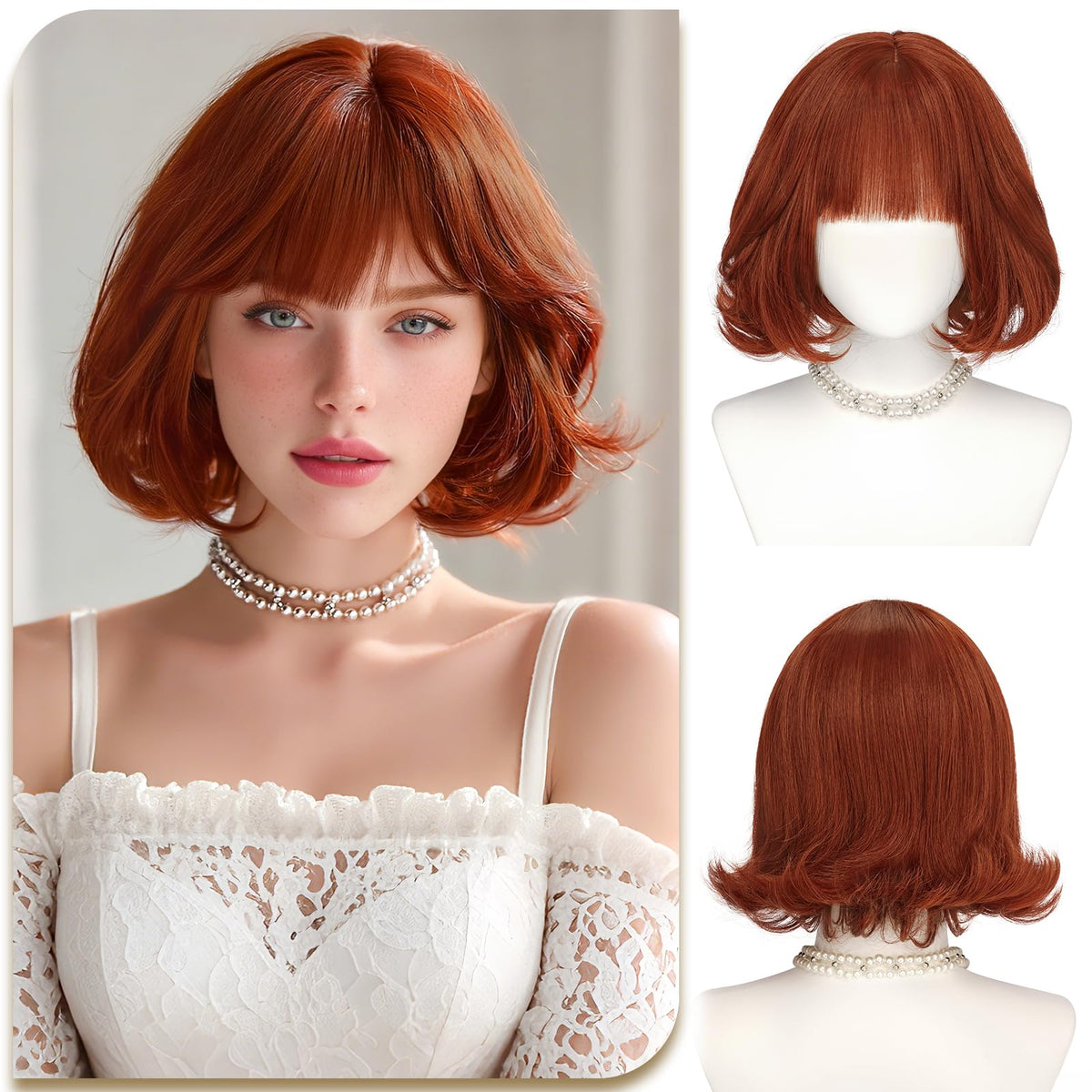 SOFEIYAN Short Wavy Violet Blue Wig - 12 Inch Dark Ginger Bob Wig with Bangs for Women Curly Shoulder Length Bob Wig with Bangs Soft Synthetic Hair Wigs for Girls Daily Party Use