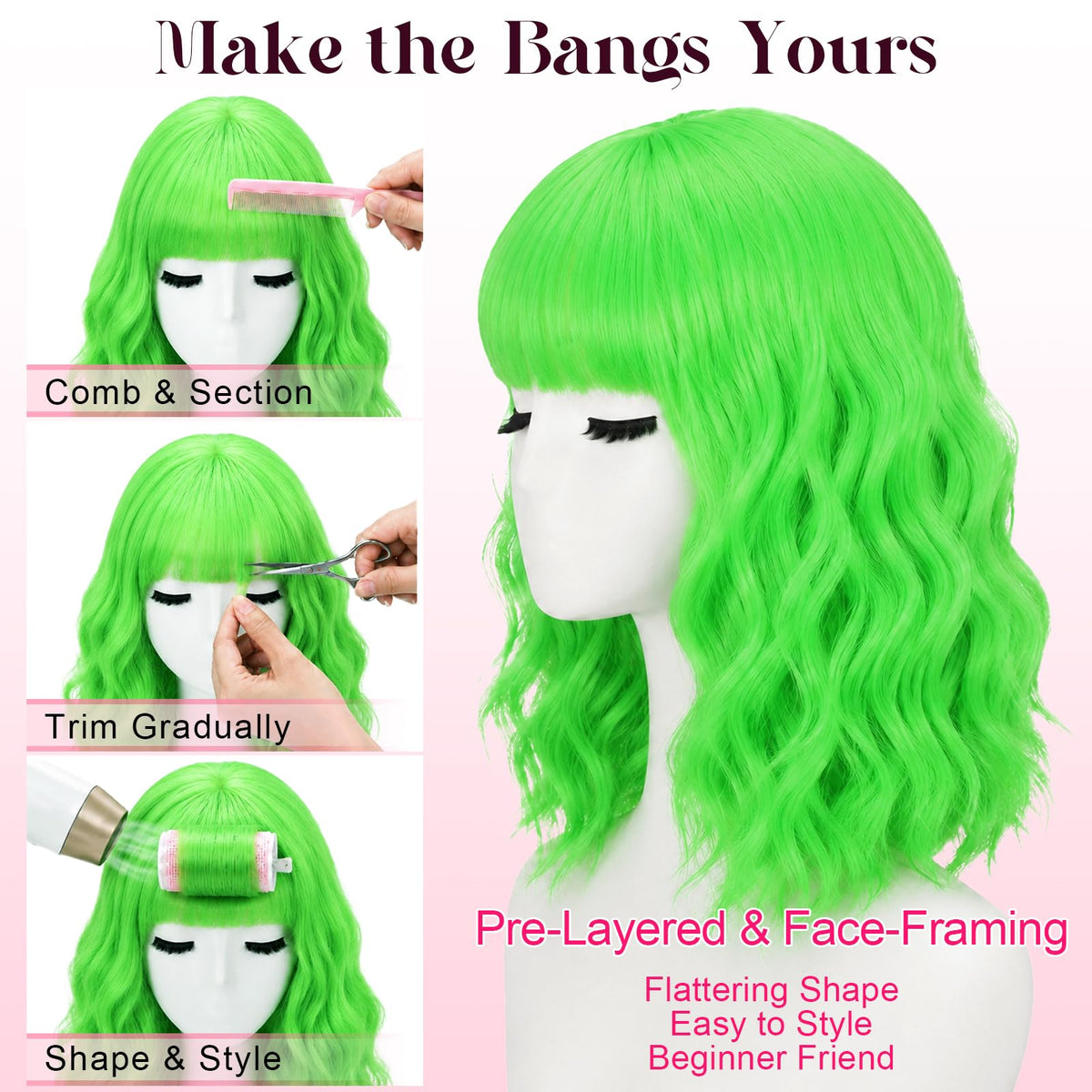 NOSTALGIA Wigs for Women, Short Wavy Bob Wig with Bangs, Trimmable Bangs, Shoulder Length, Black To Brown Heat Resistant Synthetic Wig for Daily Party Use, 14 Inch