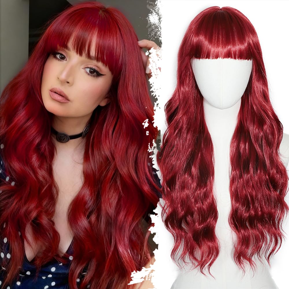 Black Wig with Bangs Long curly wavy Wigs for Women26In Synthetic Black Wig