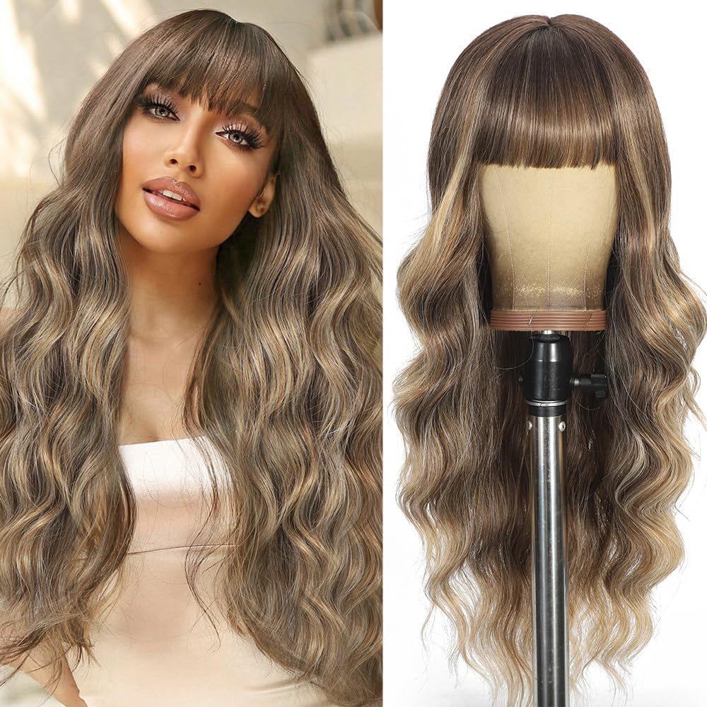 Black Wig with Bangs Long curly wavy Wigs for Women26In Synthetic Black Wig
