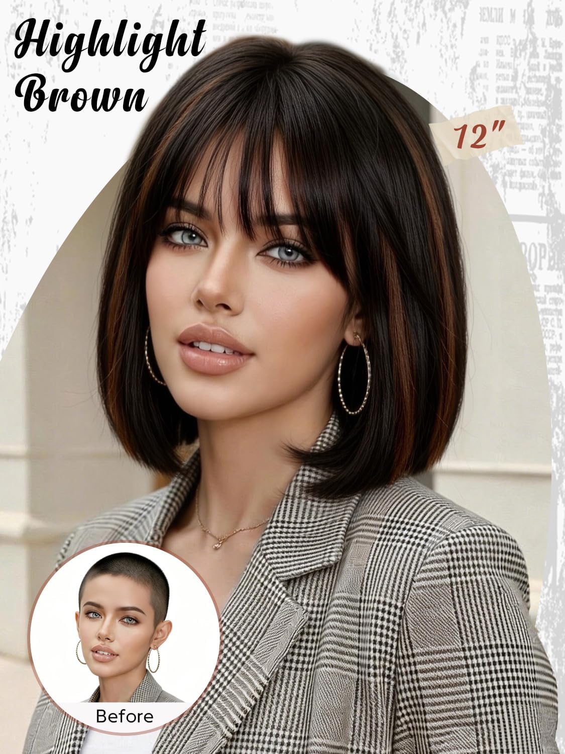 Bob Wig with Bangs for Women Short Straight Bob Wigs for Women 12inch