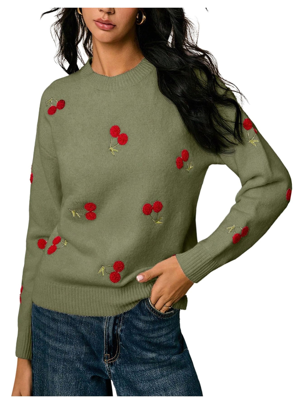 MakeMeChic Women's Cherry Embroidery Sweater Pullovers