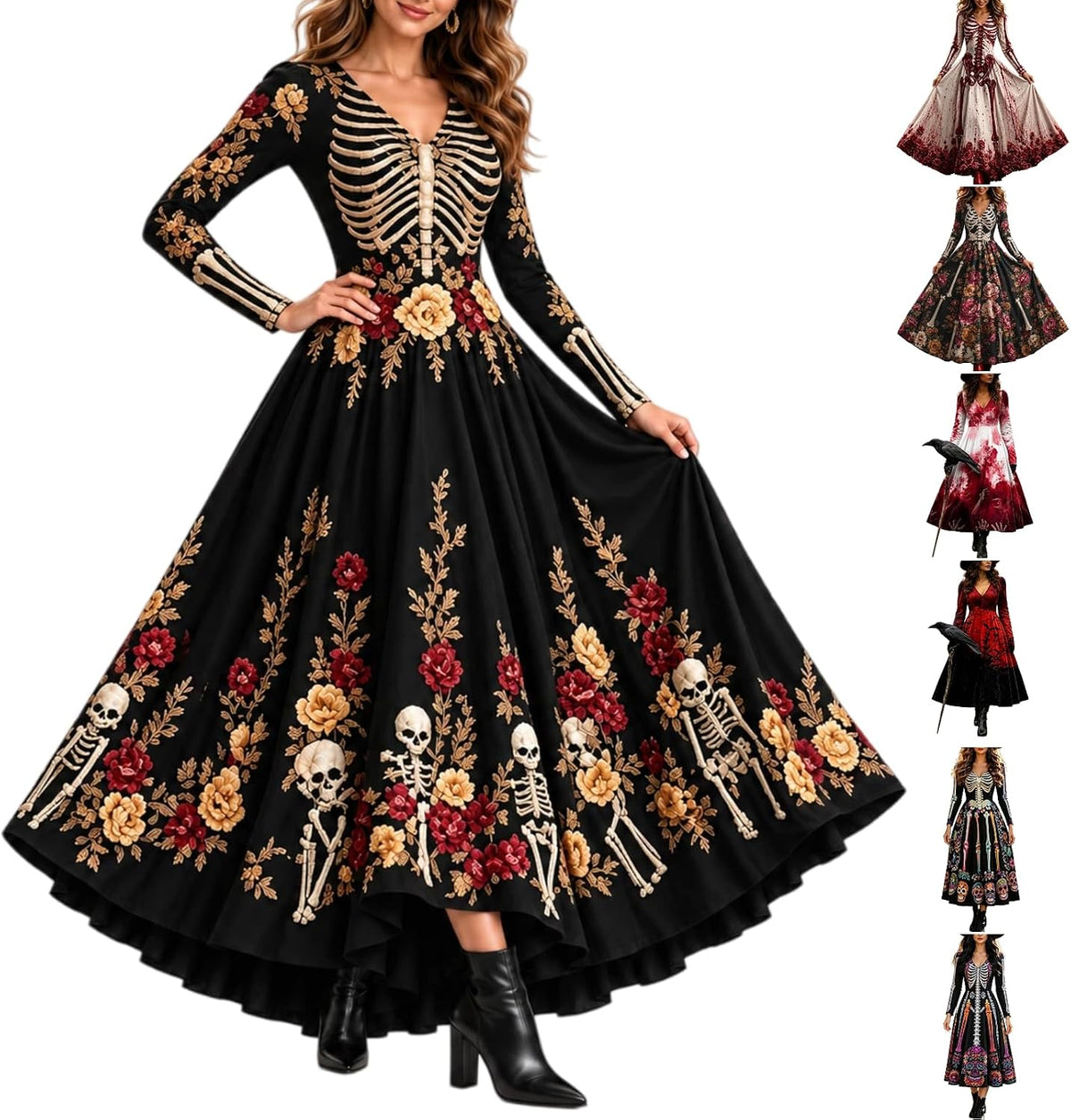 Halloween Dresses For Women V-Neck Skull Print Witch Costumes Gothic Dress