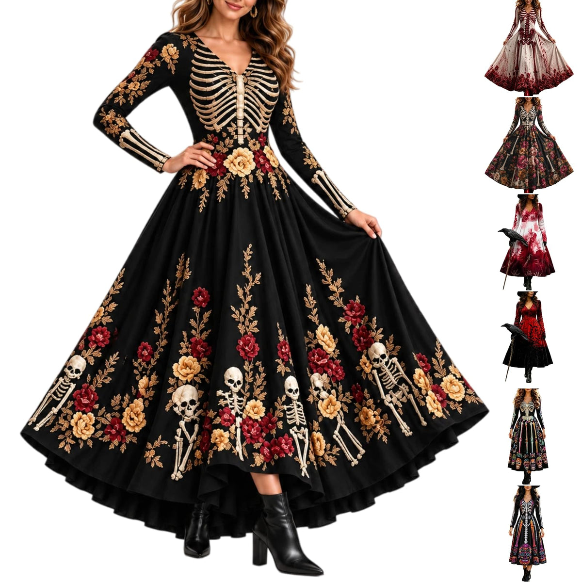 Halloween Dresses For Women V-Neck Skull Print Witch Costumes Gothic Dress