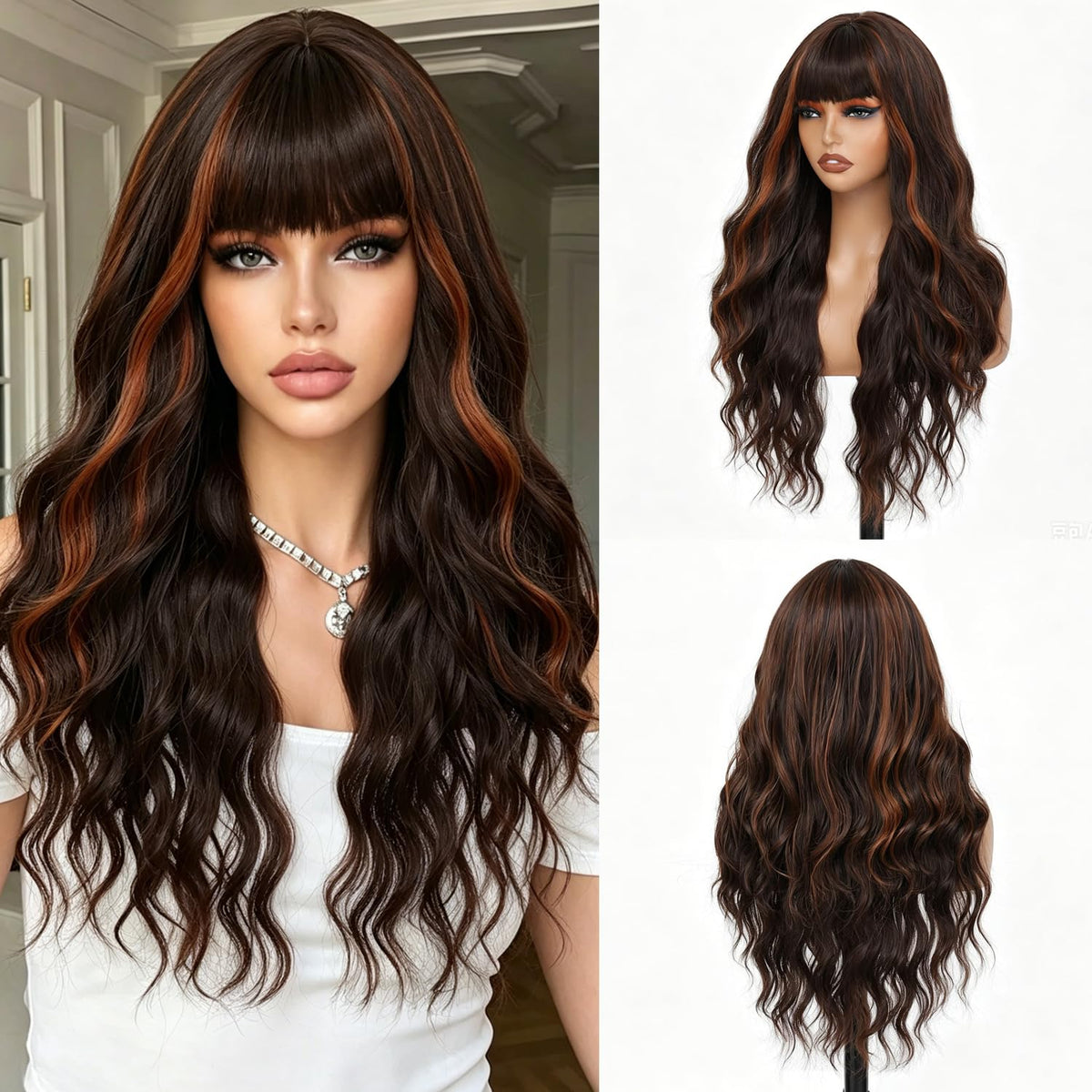Burgundy Wig with Bangs for Women, Long Wavy Red Wig 26 Inch Wigs Heat Resistant Sythetic Wig for Daily Party Use