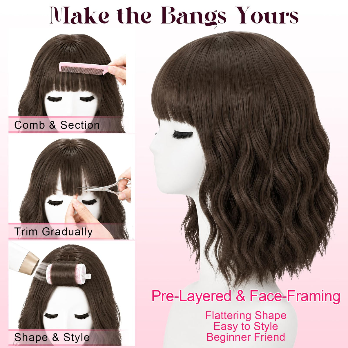 NOSTALGIA Wigs for Women, Short Wavy Bob Wig with Bangs, Trimmable Bangs, Shoulder Length, Black To Brown Heat Resistant Synthetic Wig for Daily Party Use, 14 Inch