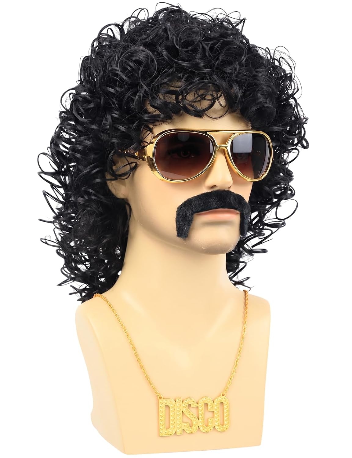 70s Disco Black Jerry Curl Wig with Glasses Mustache Necklace for Men