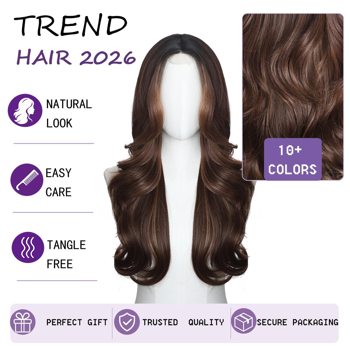Brown Wigs for Women 26 Inch Middle Part Wavy Synthetic Wig