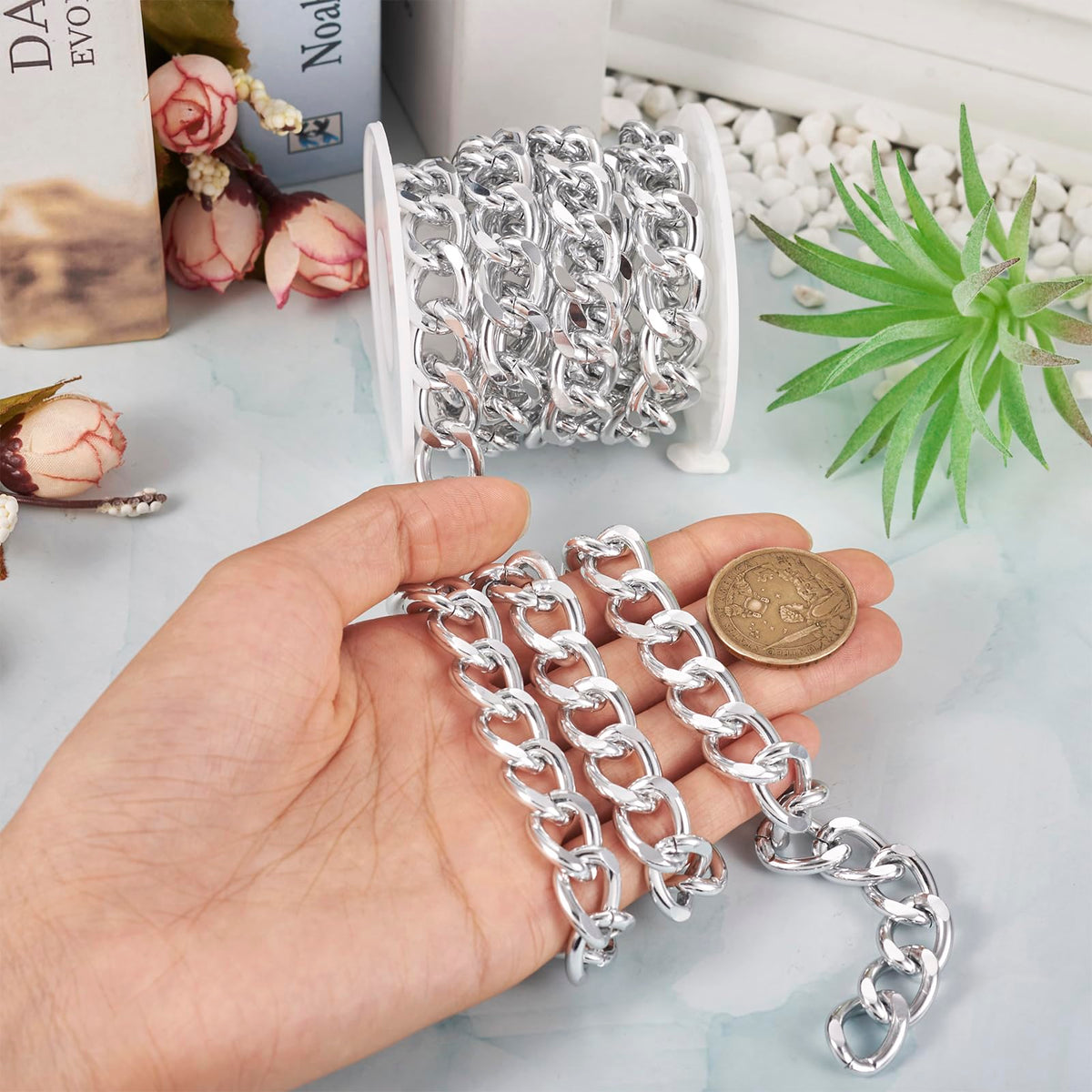 Beadthoven 16.4ft Aluminum Curb Chains, Silver Color Chains for Jewelry Making 5mm Wide Metal Craft Chain Link Spool Twisted Links Oval Curb Chains Unwelded for Clothes Necklace Bracelet DIY Findings