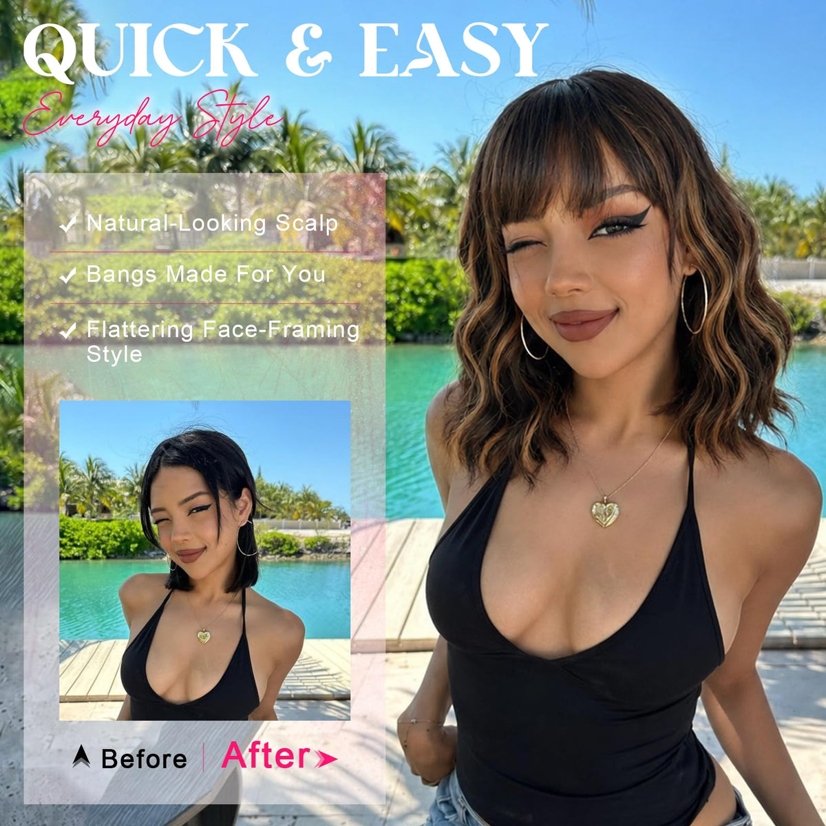 NOSTALGIA Wigs for Women, Short Wavy Bob Wig with Bangs, Trimmable Bangs, Shoulder Length, Black To Brown Heat Resistant Synthetic Wig for Daily Party Use, 14 Inch