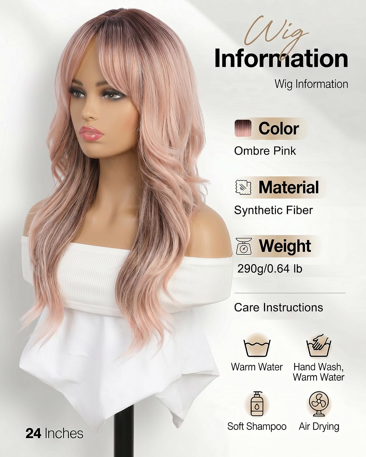 Ombre Pink Wavy Wig with Curtain Bangs 26 Inch – Long Layered Synthetic Hair Wig for Women, Natural Looking Dark Root Heat Resistant Wig, Soft Thick Full Wig for Daily Wear Party Cosplay