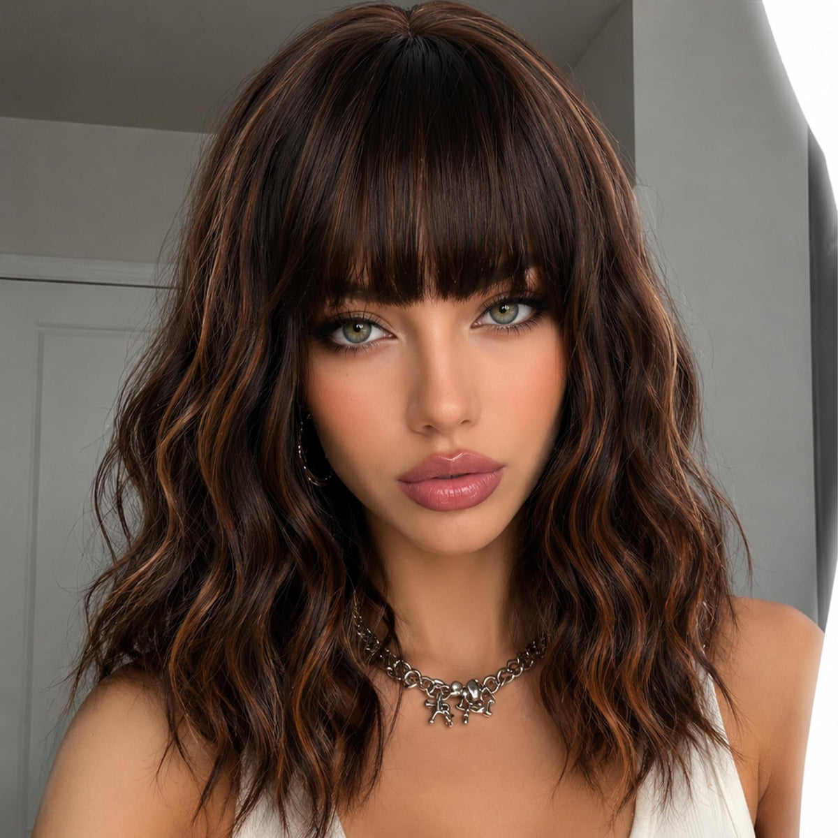 Short Black-grey Wavy Wig with Bangs for Women Halloween Curly Bob Wigs