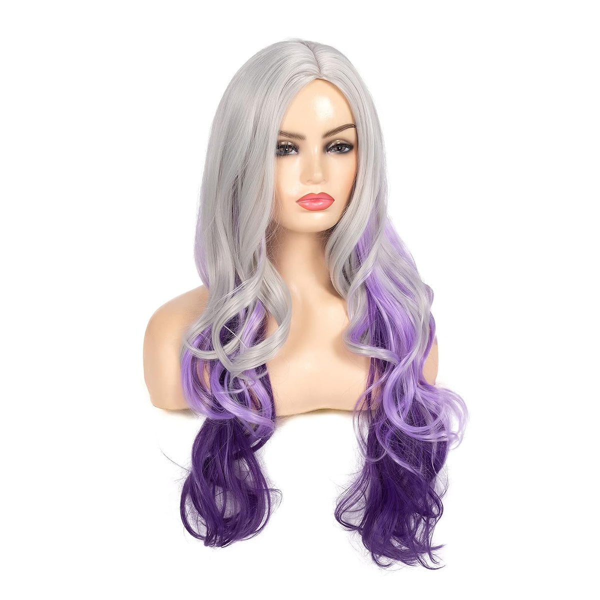 Long Curly Wavy Silver Grey to Purple Wig Side Part Natural Looking Synthetic Cosplay Wig for Women